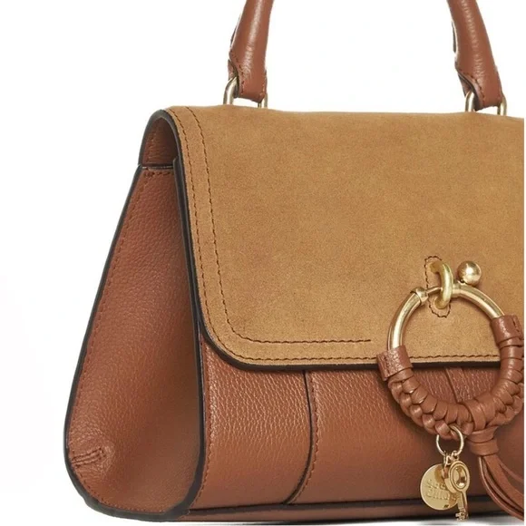 SEE BY CHLOE Joan Ladylike Bag Leather Suede Top Handle With Strap Tote Caramel